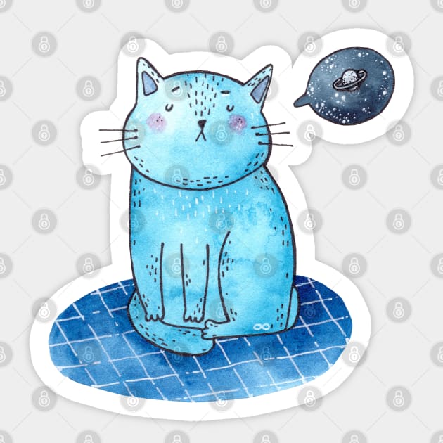 Blue Cat thinking about Space Sticker by Tania Tania